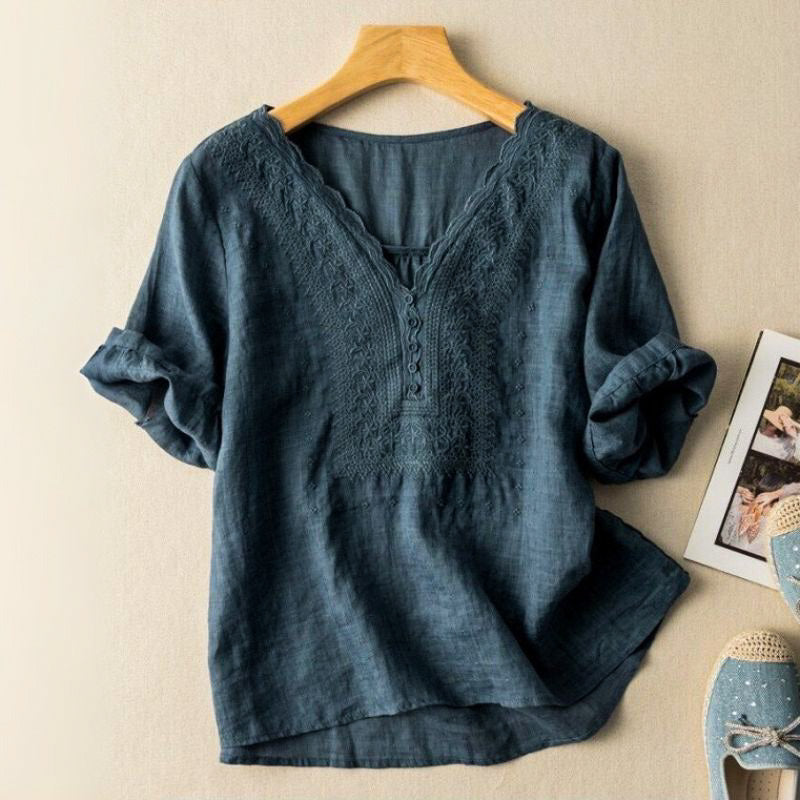 Haven Beck Araya Cotton-Linen Blouse Scalloped V-Neck