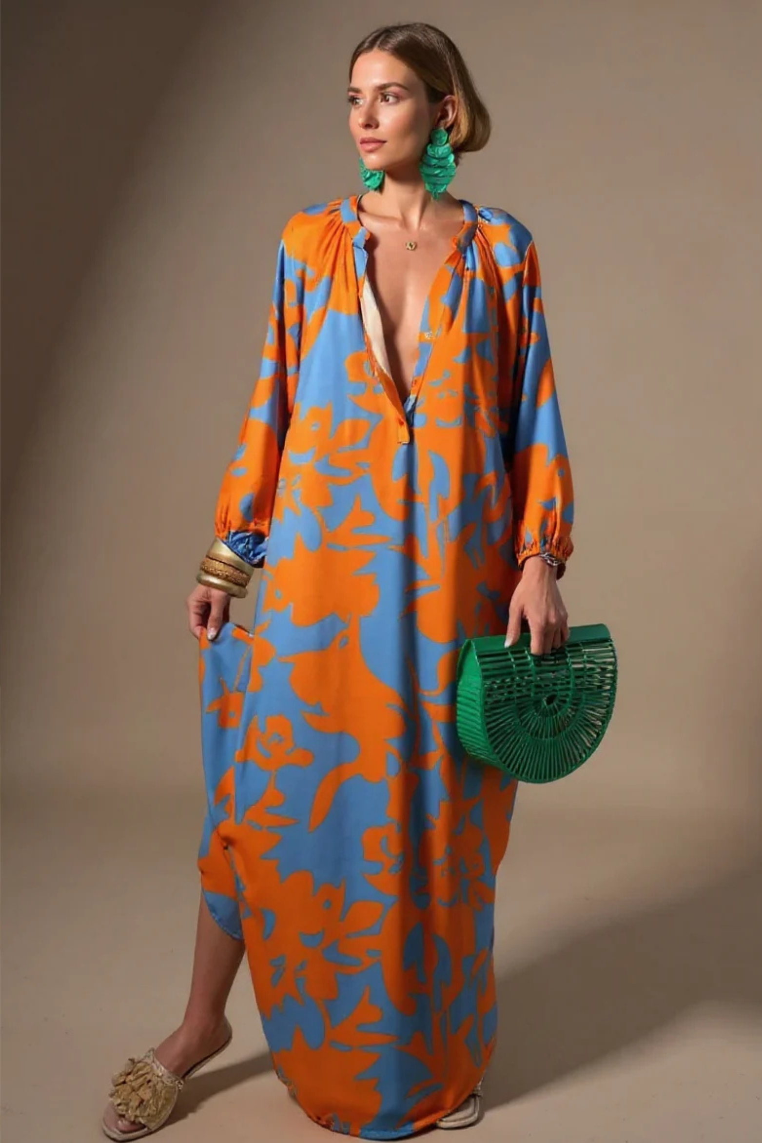 Velvet Avenue Abstract Print V-Neck Kaftan Maxi Dress