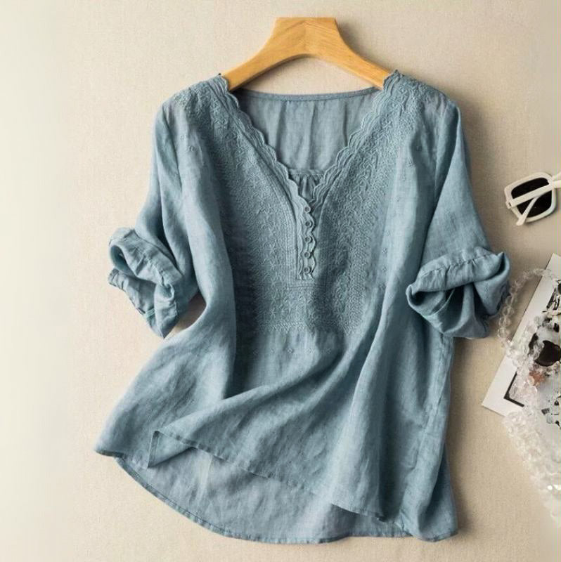 Haven Beck Araya Cotton-Linen Blouse Scalloped V-Neck