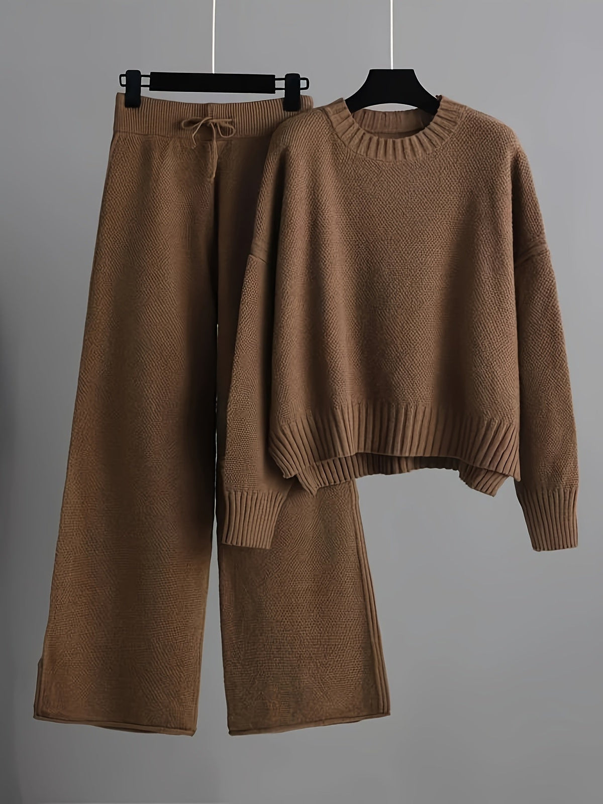 Women's Ribbed Sweater and Wide-Leg Knitted Pants Set