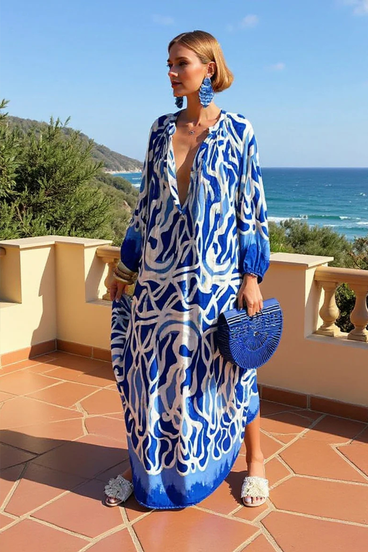 Velvet Avenue Abstract Print V-Neck Kaftan Maxi Dress