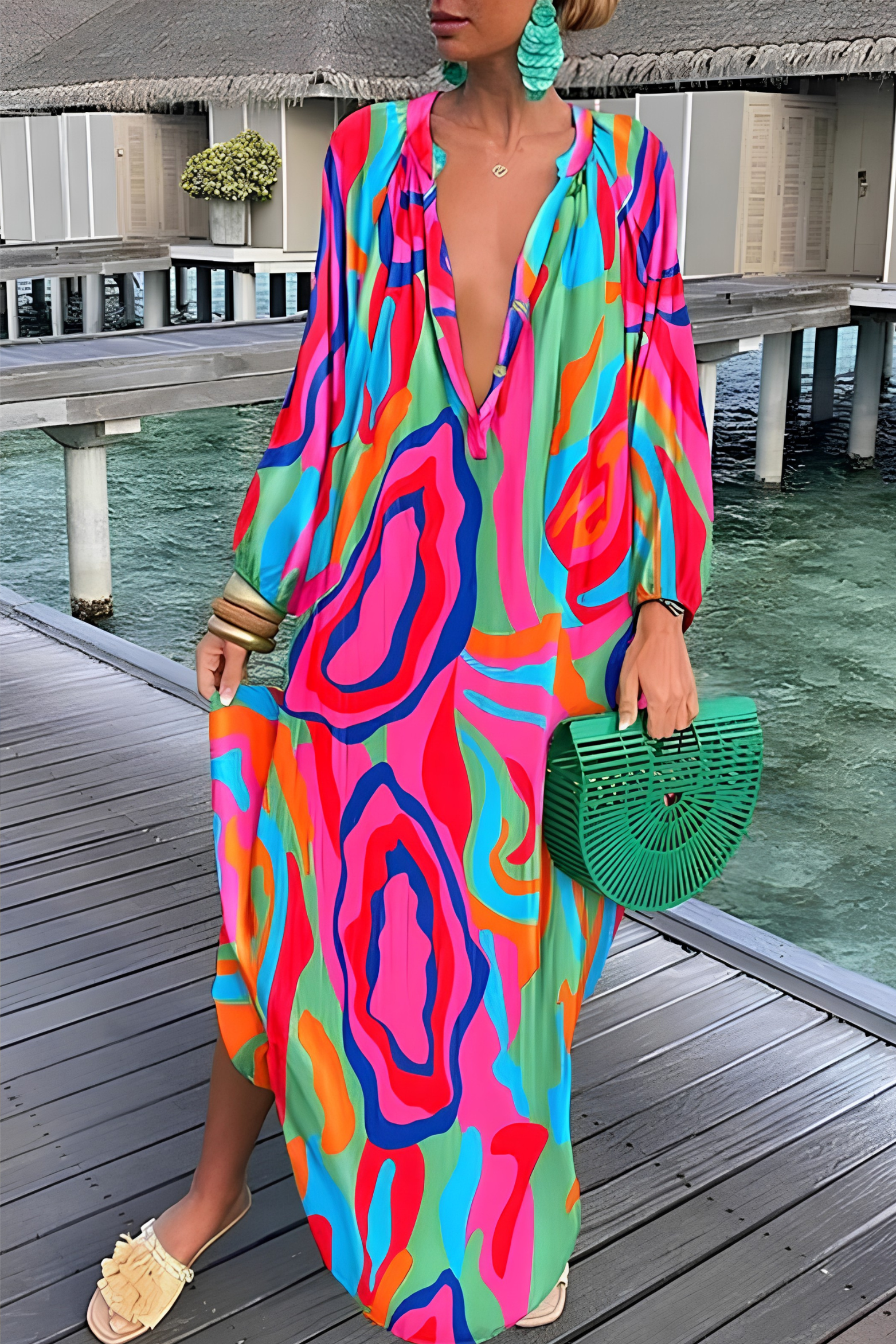 Velvet Avenue Abstract Print V-Neck Kaftan Maxi Dress
