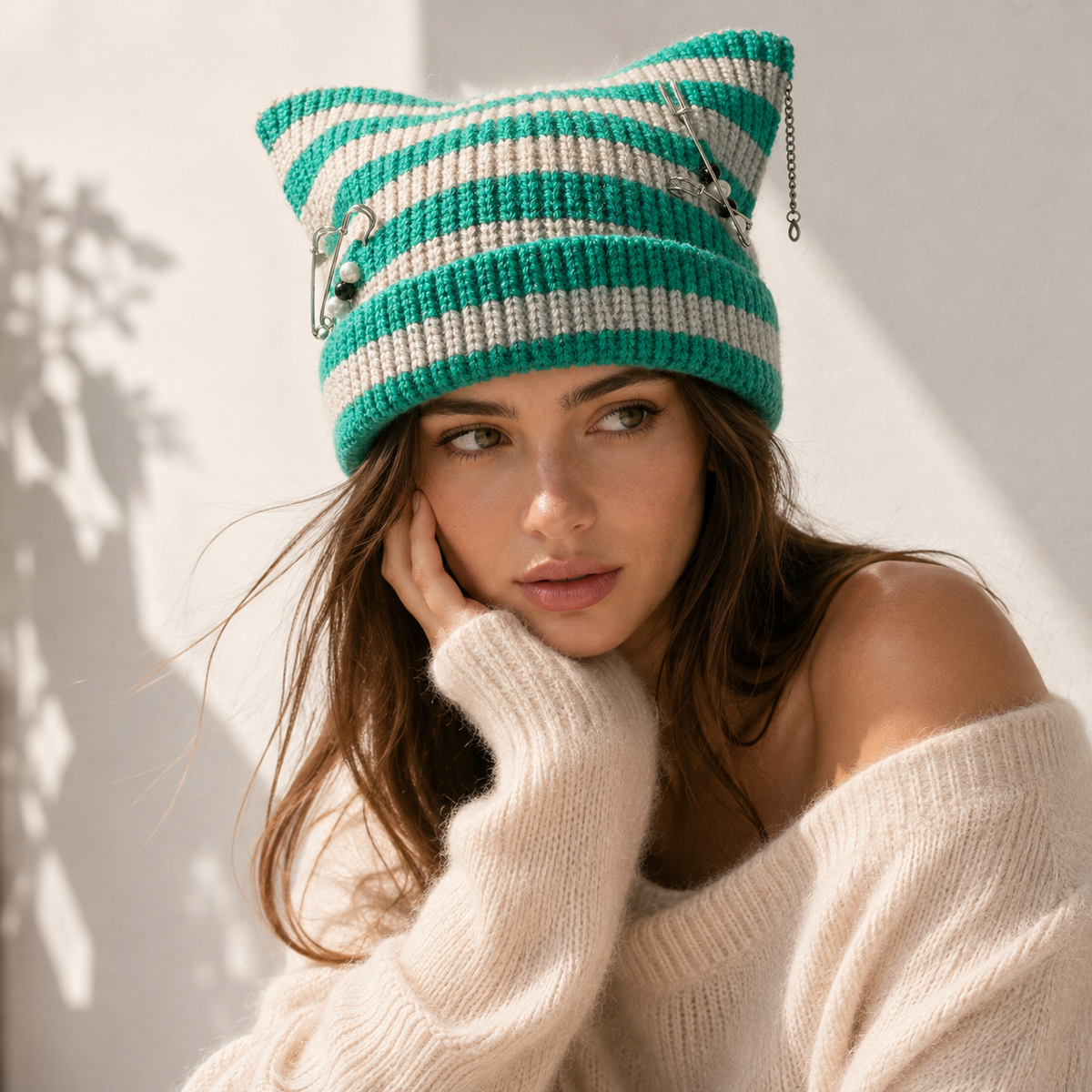 Unisex Suki Cat-Ear Beanie Ribbed Knit