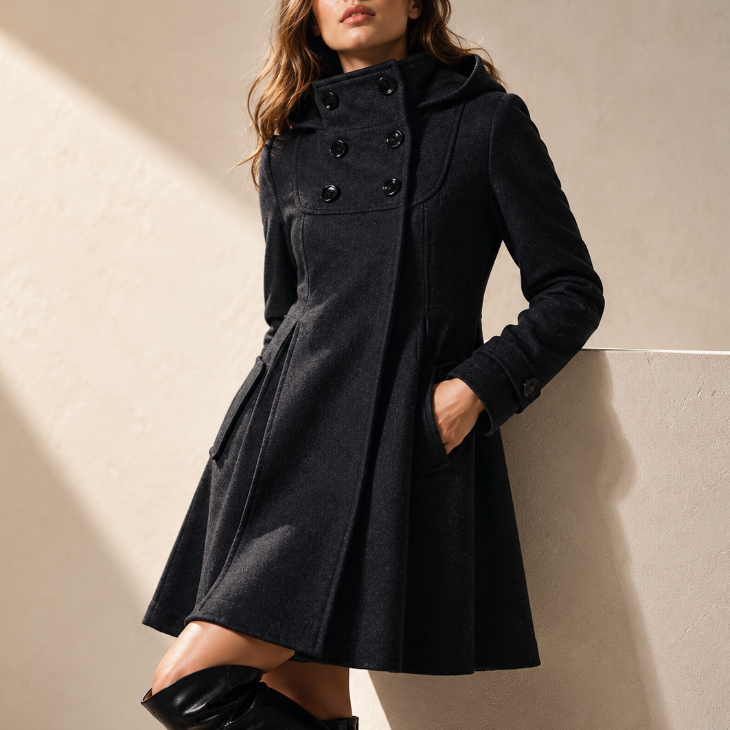 Women's Bella Hooded Swing Coat Double-Breasted Knee-Length