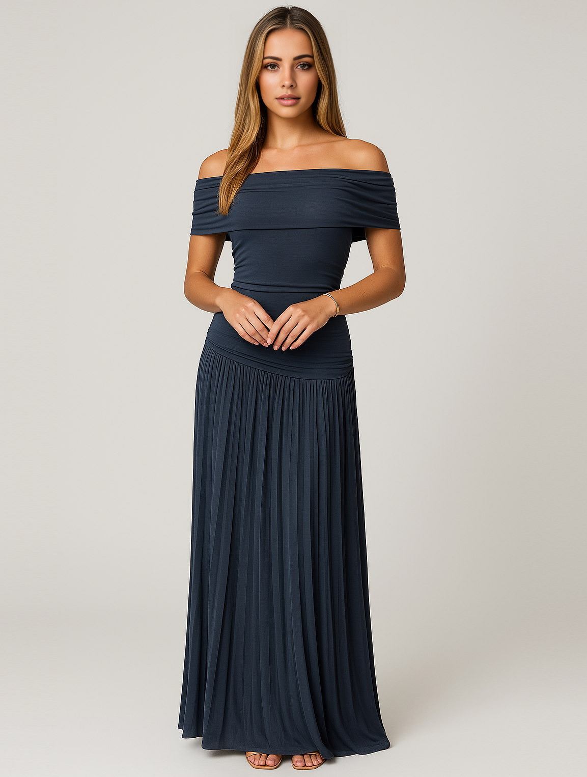 The Hills Nashville Bella Wedding Guest Pleated Maxi Dress Off-Shoulder