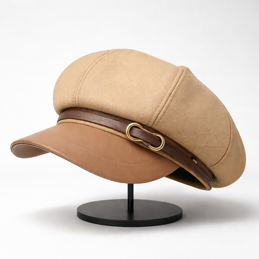 Women’s Fashion Beret – Faux Leather Cap with Decorative Gold Hardware