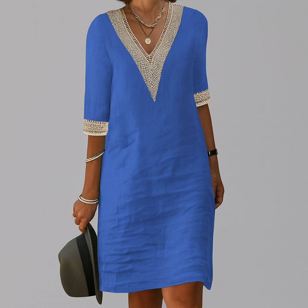LumiNovi Linen Midi Dress Breathable Relaxed Fit Tie Waist