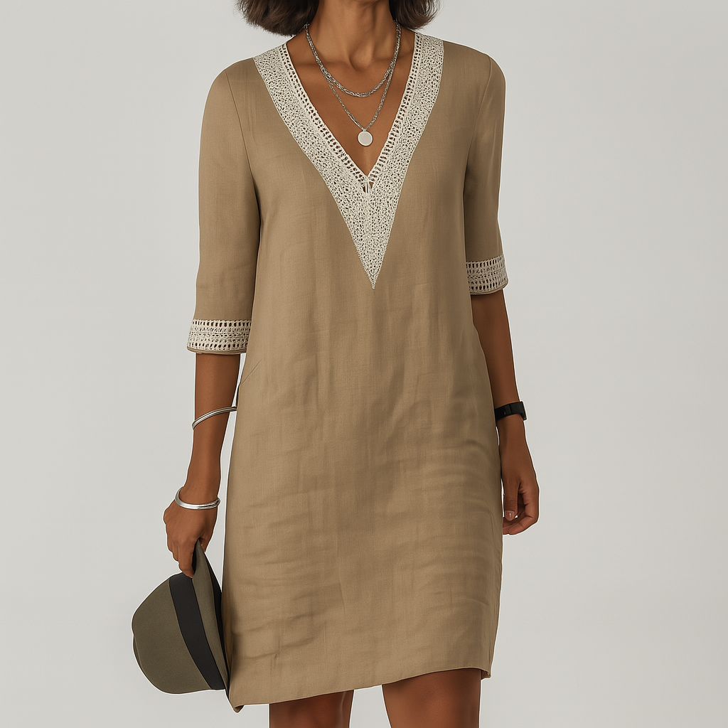 LumiNovi Linen Midi Dress Breathable Relaxed Fit Tie Waist
