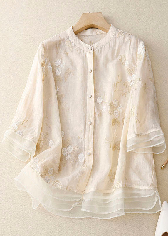 LumiNovi Floral Embroidery Long Sleeve Blouse Relaxed Fit Women's