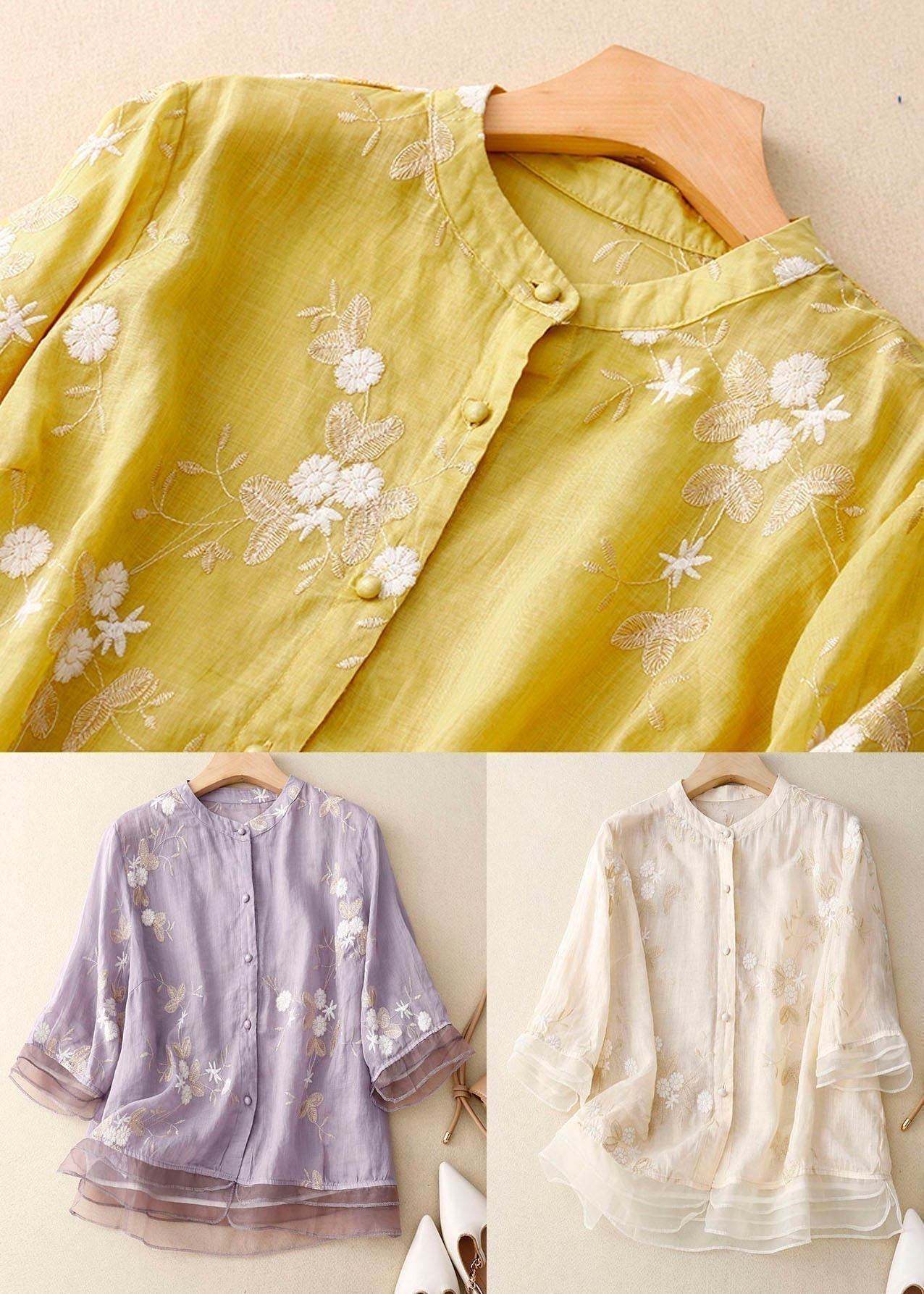 LumiNovi Floral Embroidery Long Sleeve Blouse Relaxed Fit Women's