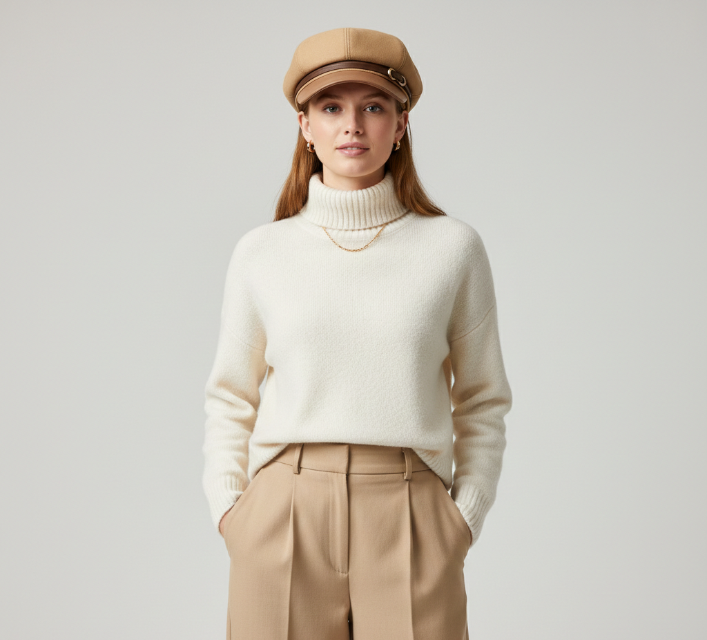 Women’s Fashion Beret – Faux Leather Cap with Decorative Gold Hardware