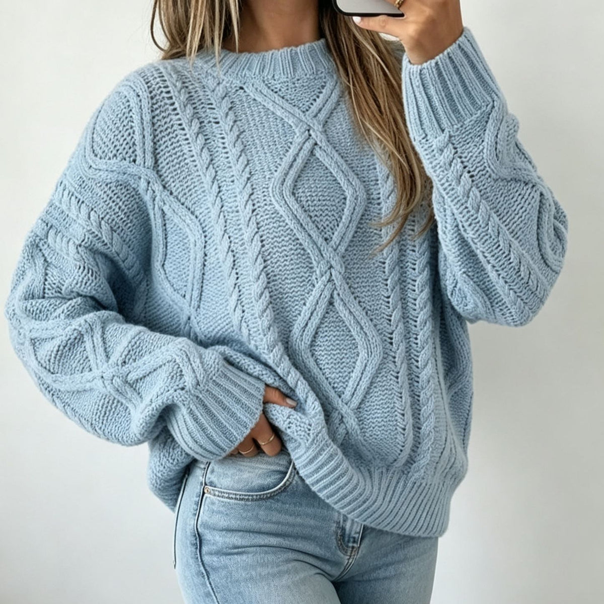 Haven Beck Women's Harriet Diamond Cable Knit Sweater Crewneck