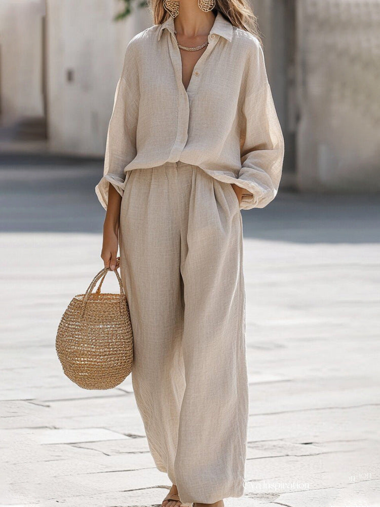 Thomvale Women's Linen Blouse and Pant Set Relaxed Fit