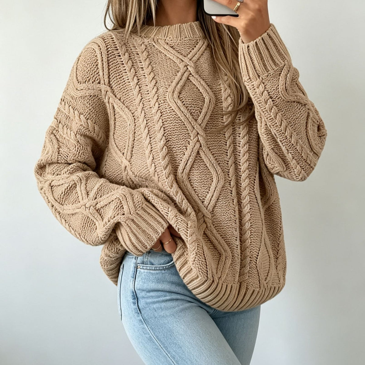 Haven Beck Women's Harriet Diamond Cable Knit Sweater Crewneck