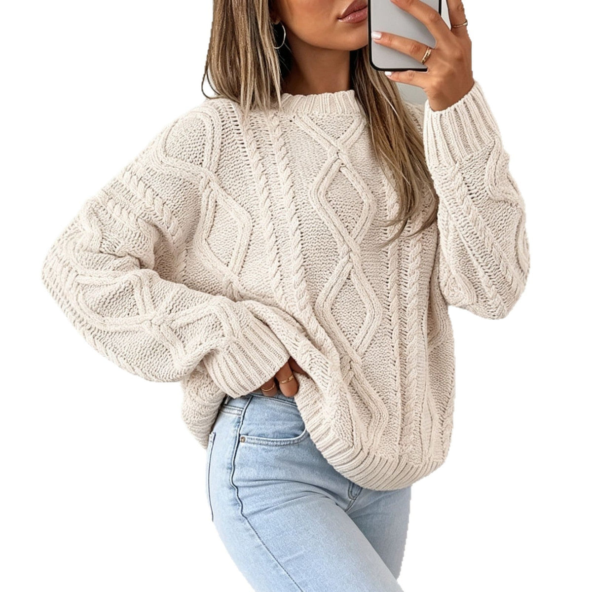 Haven Beck Women's Harriet Diamond Cable Knit Sweater Crewneck