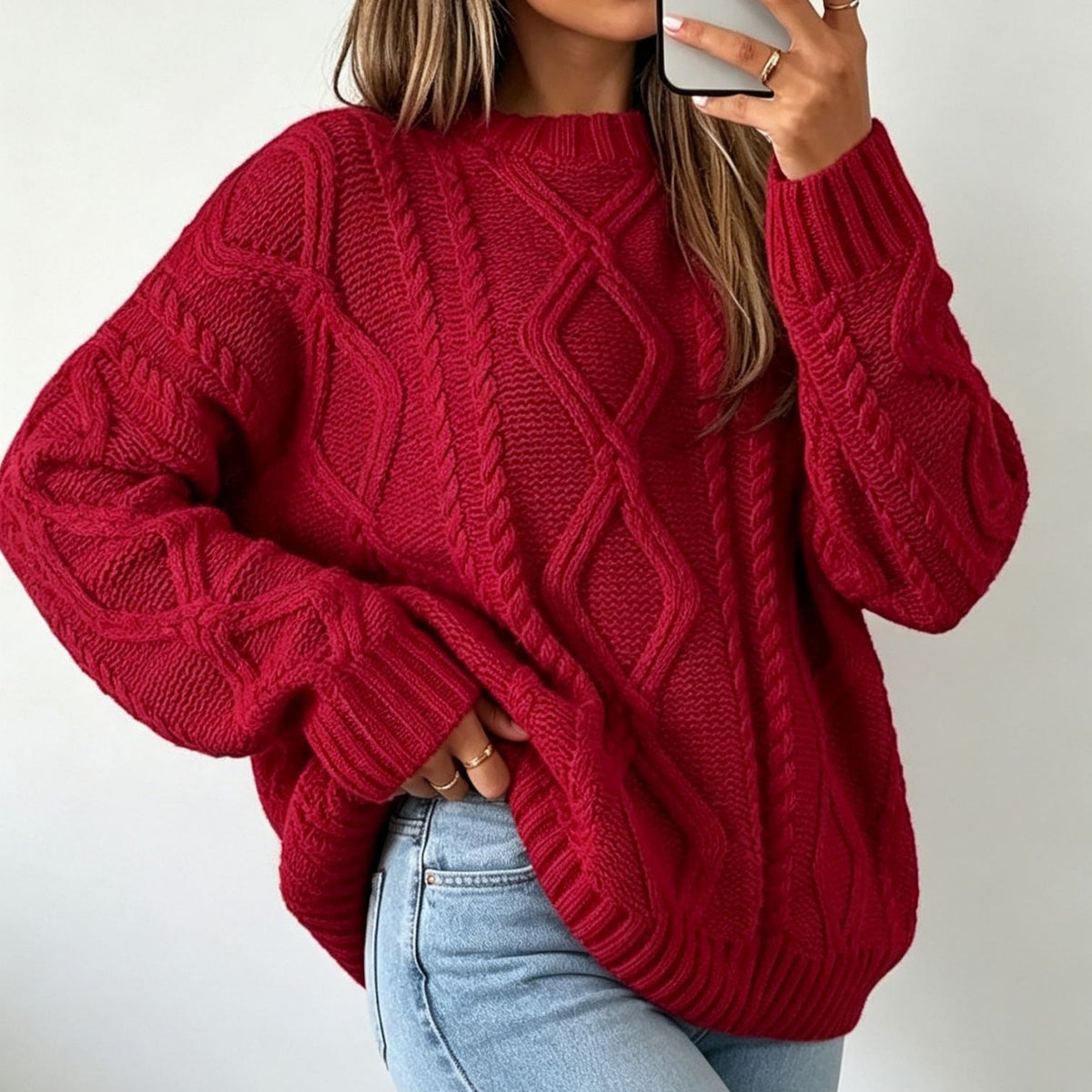 Haven Beck Women's Harriet Diamond Cable Knit Sweater Crewneck