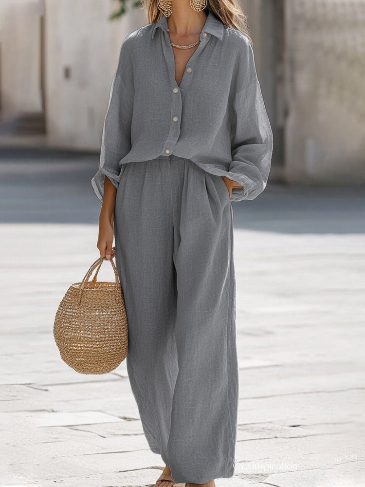 Thomvale Women's Linen Blouse and Pant Set Relaxed Fit