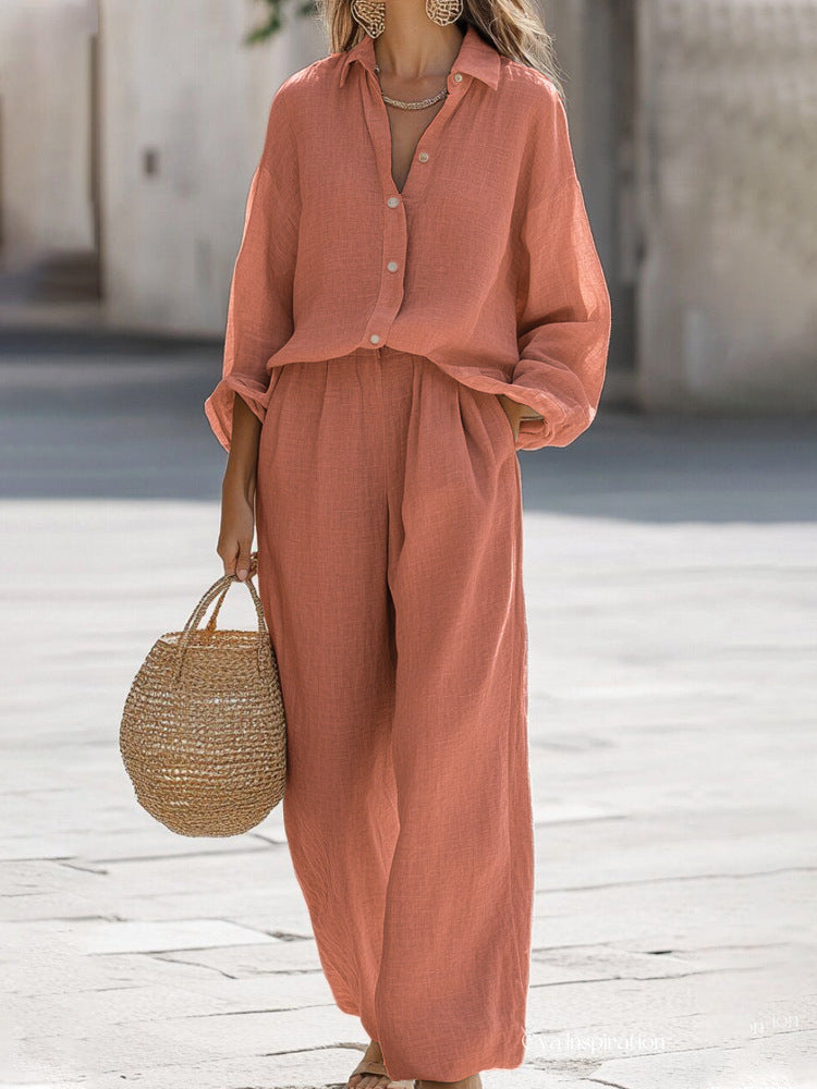 Thomvale Women's Linen Blouse and Pant Set Relaxed Fit