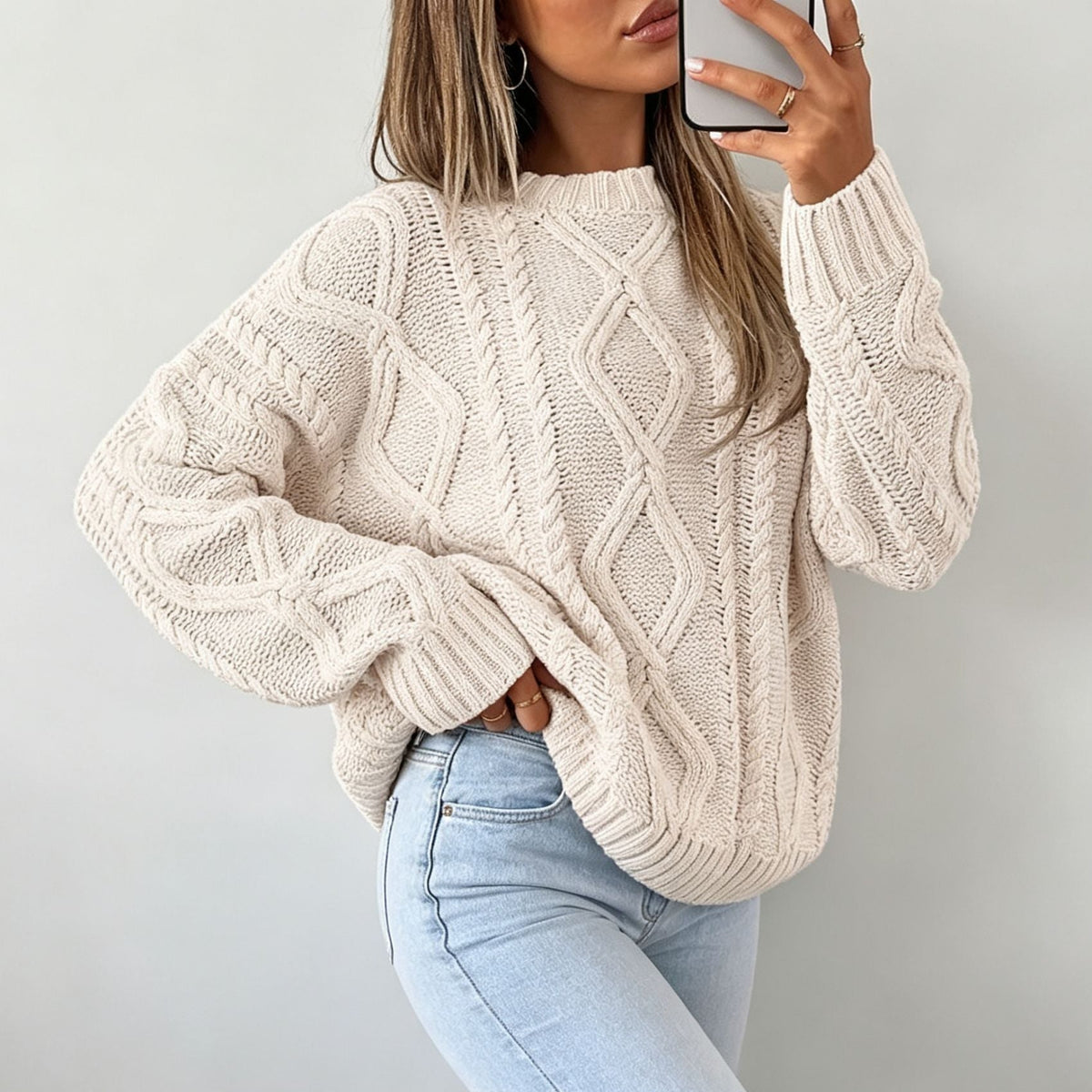 Haven Beck Women's Harriet Diamond Cable Knit Sweater Crewneck