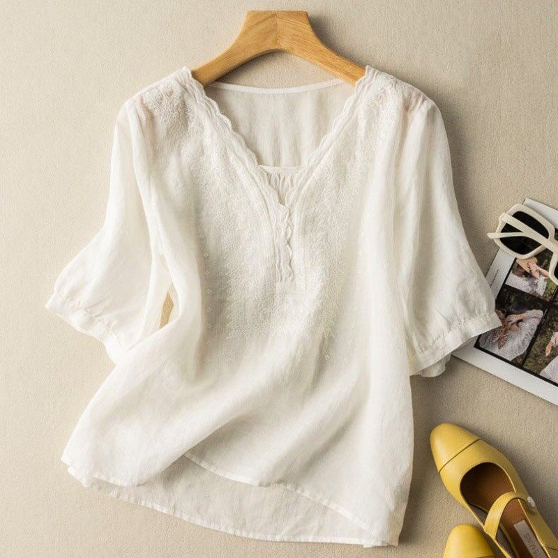 Haven Beck Araya Cotton-Linen Blouse Scalloped V-Neck