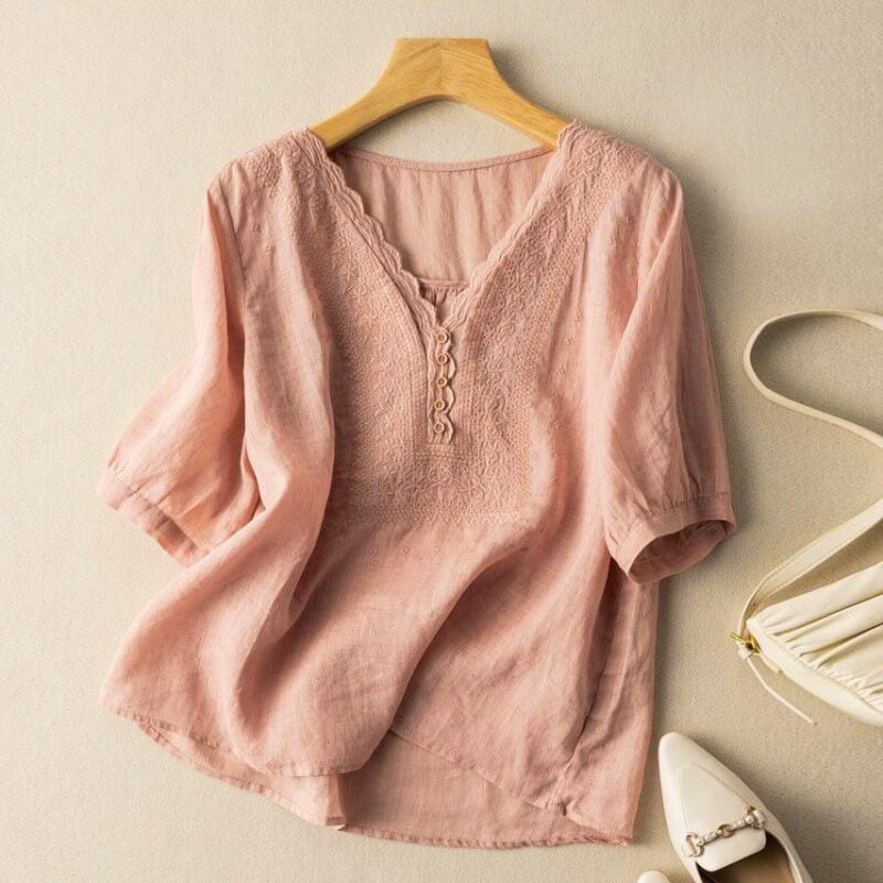Haven Beck Araya Cotton-Linen Blouse Scalloped V-Neck
