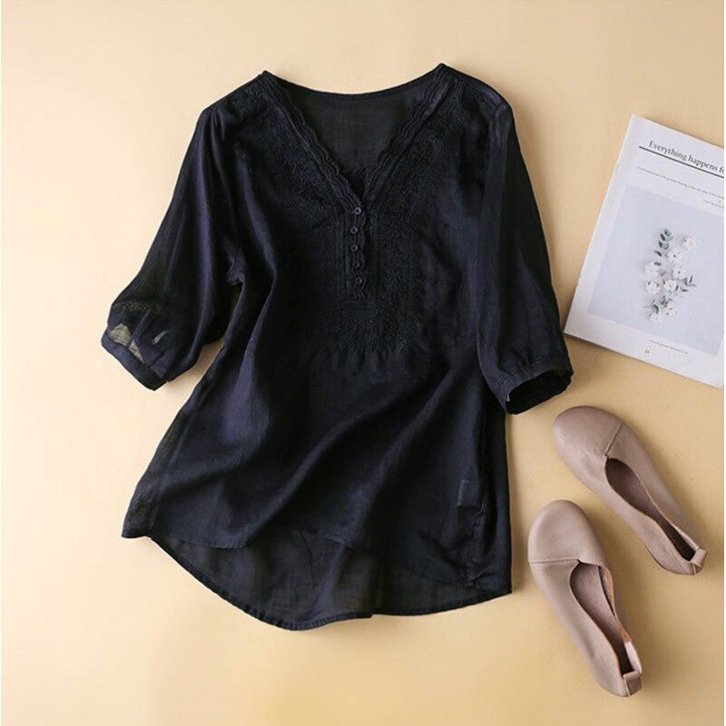 Haven Beck Araya Cotton-Linen Blouse Scalloped V-Neck