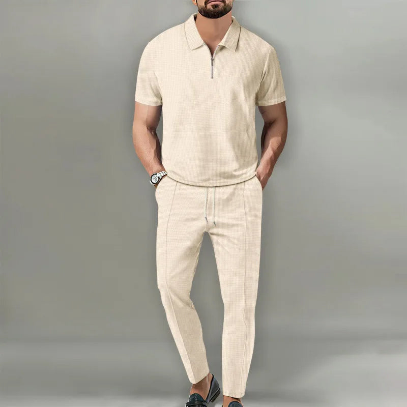 Men's Waffle-Knit Zip Polo And Trousers Set