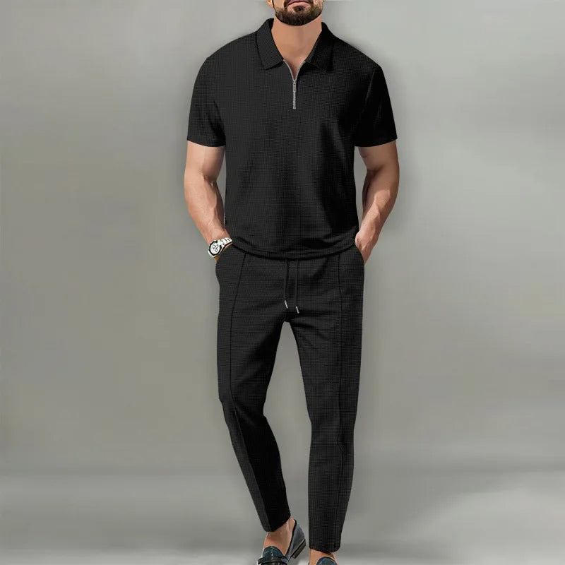Men's Waffle-Knit Zip Polo And Trousers Set