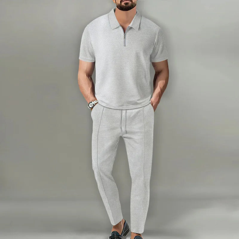Men's Waffle-Knit Zip Polo And Trousers Set