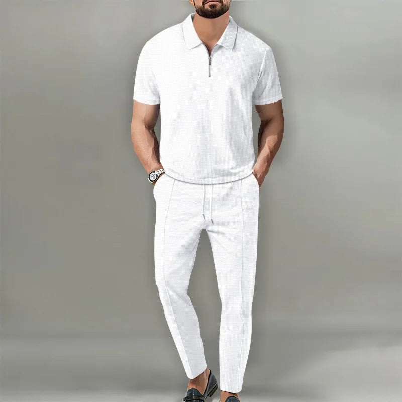 Men's Waffle-Knit Zip Polo And Trousers Set