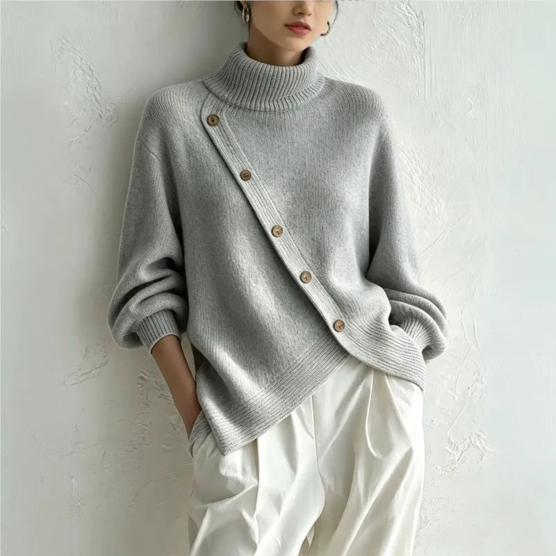 Haven Beck Women's Delphine Wrap Front Sweater Turtleneck Button