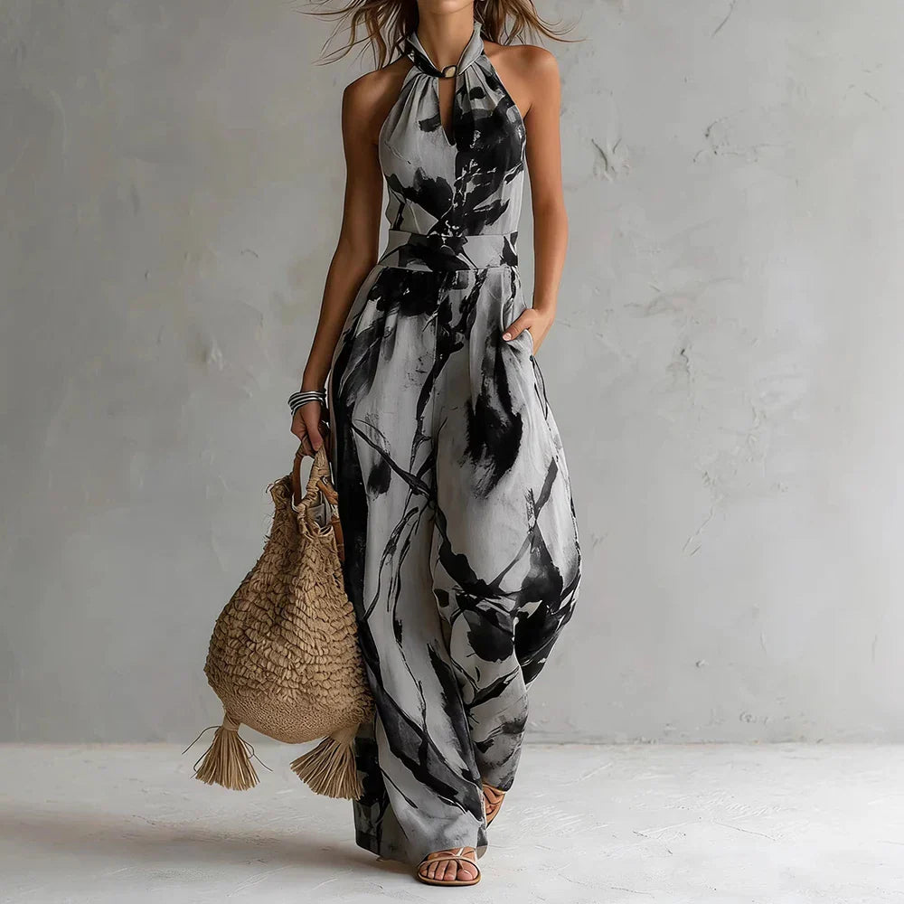 Urban Hollis Madison Flowy Halter Jumpsuit Watercolor Print