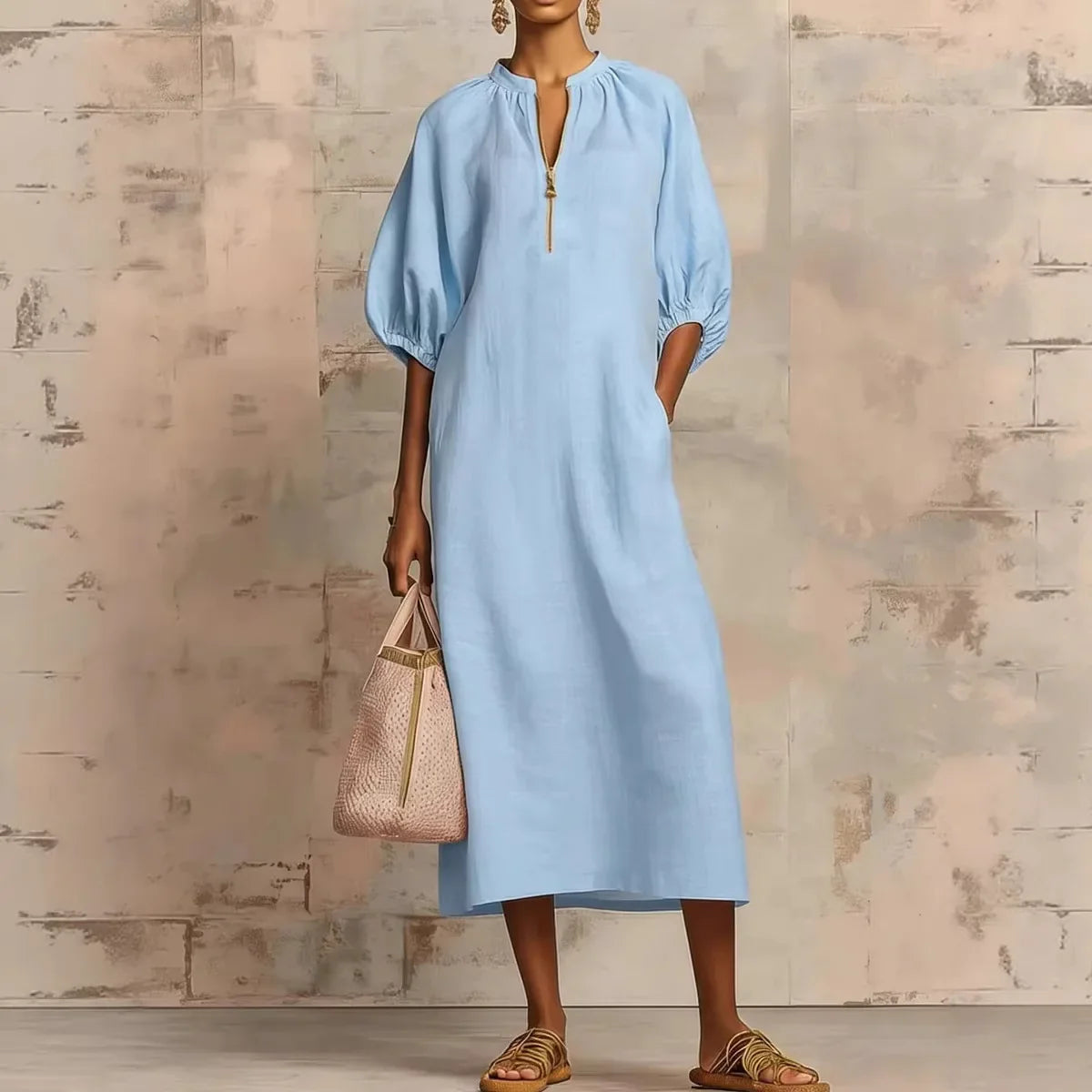 Haven Beck Solana Puff Sleeve Midi Dress Relaxed Fit