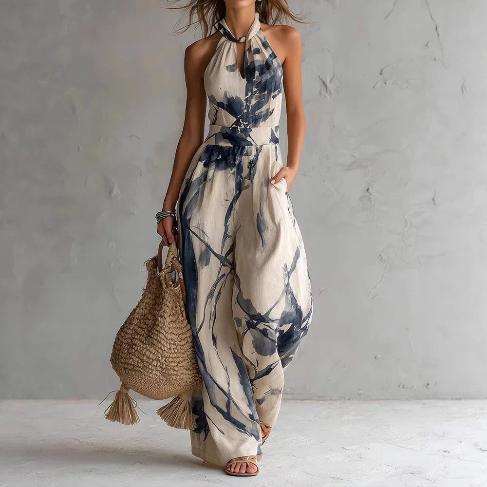 Urban Hollis Madison Flowy Halter Jumpsuit Watercolor Print