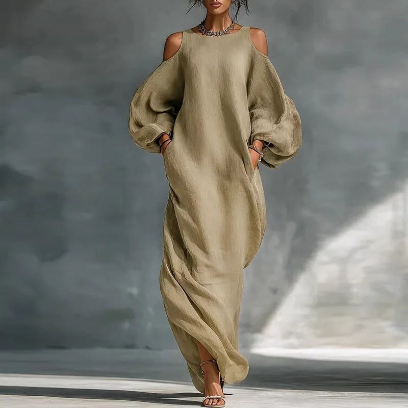 Haven Beck Olive Bohemian Linen Maxi Dress Cold Shoulder