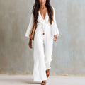 Haven Beck Selah Boho Wide Leg Jumpsuit Deep V-Neck Flare Sleeves