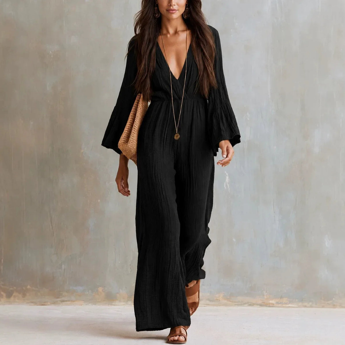 Haven Beck Selah Boho Wide Leg Jumpsuit Deep V-Neck Flare Sleeves
