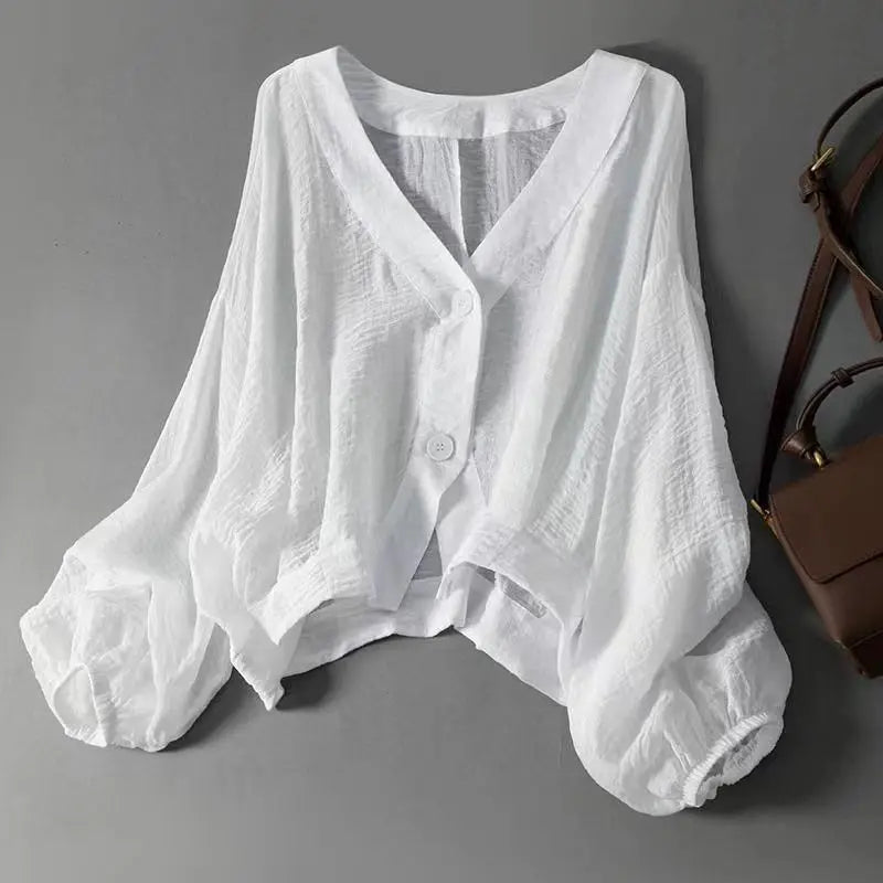 Haven Beck Eliana Cotton-Linen V-Neck Summer Blouse