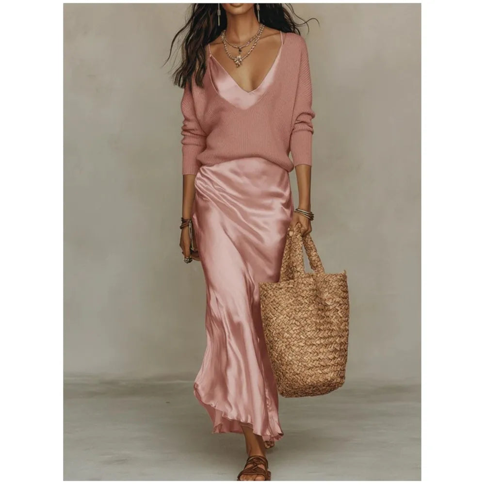 Haven Beck Valencia Satin Skirt and Knit Top Set Women's