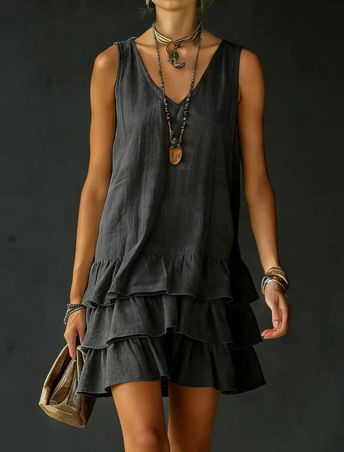Haven Beck Courtney Ruffle Mini Dress Tiered Sleeveless V-Neck