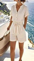 Haven Beck Elowen Linen-Blend Romper Tie-Front