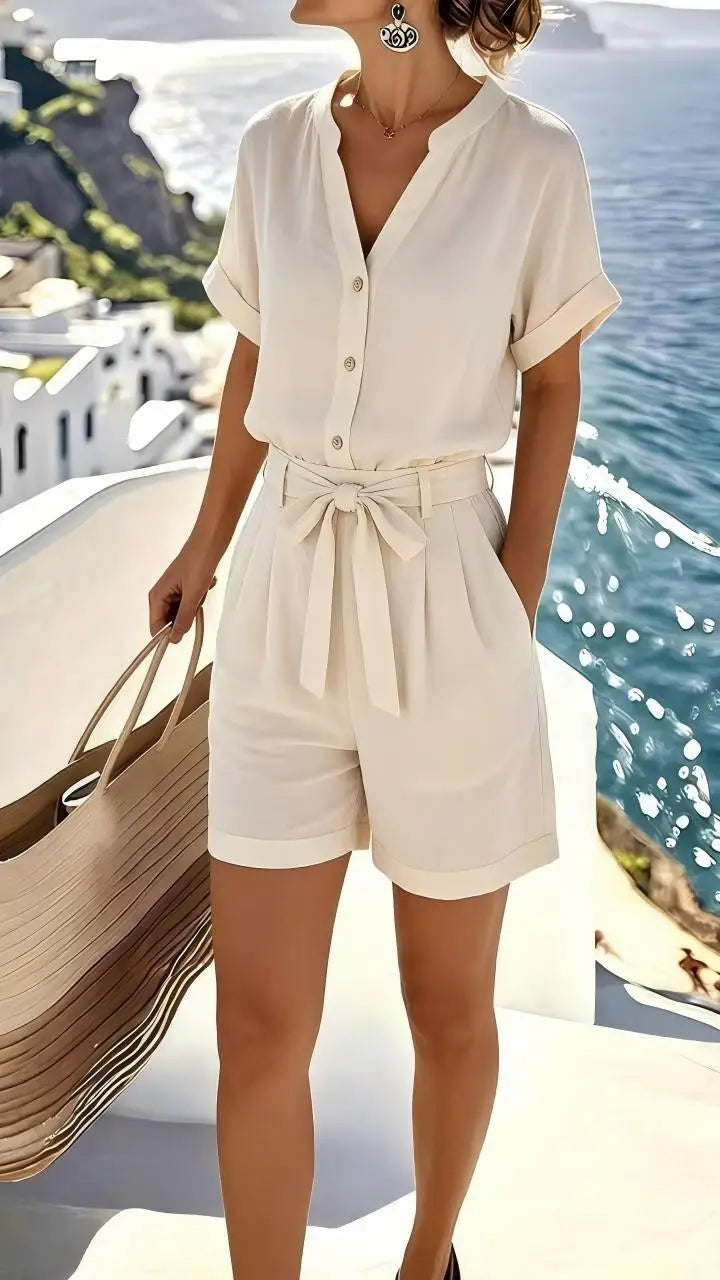 Haven Beck Elowen Linen-Blend Romper Tie-Front