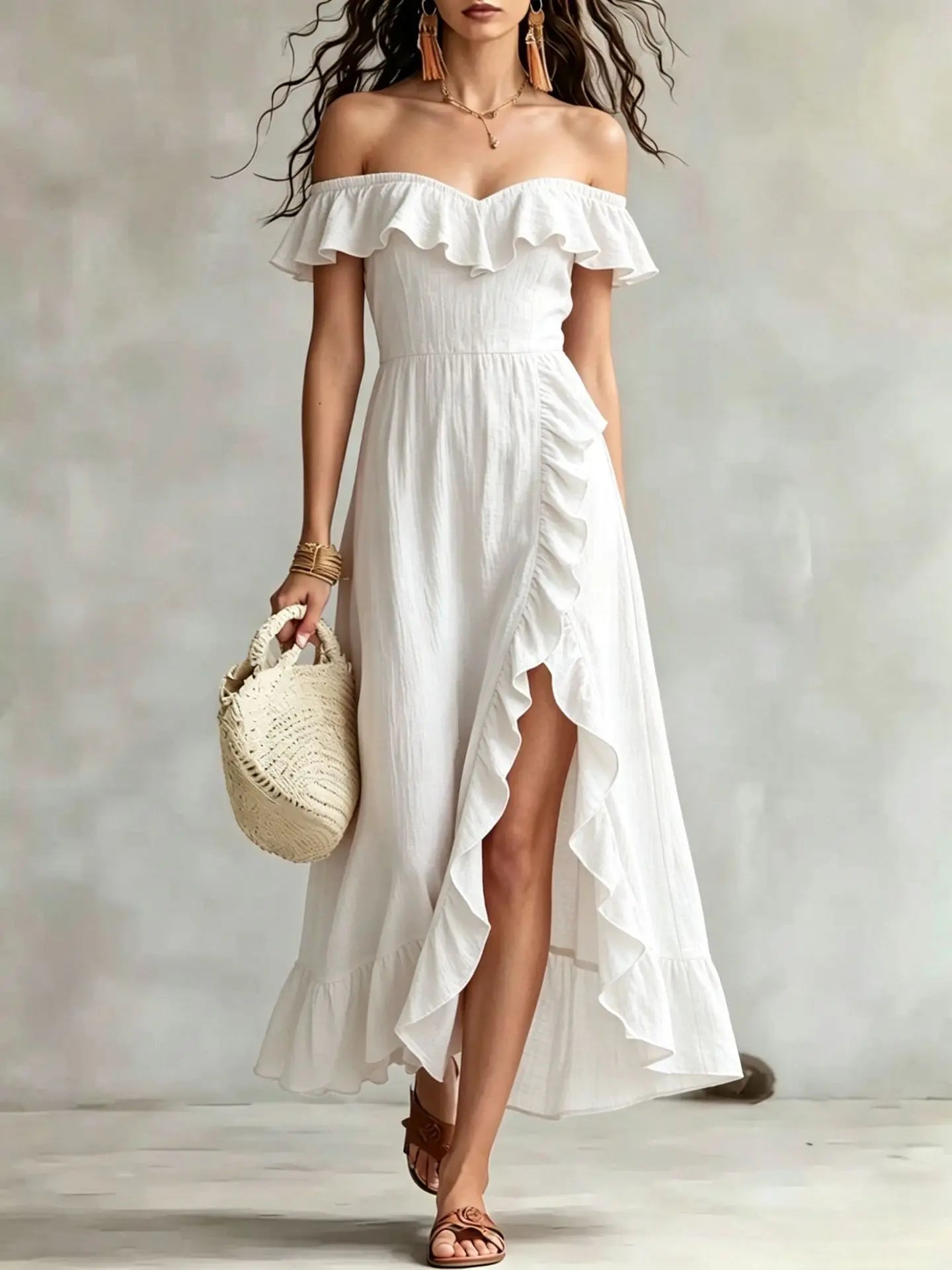 Haven Beck Arabella One Shoulder Ruffle Maxi Dress Split Hem