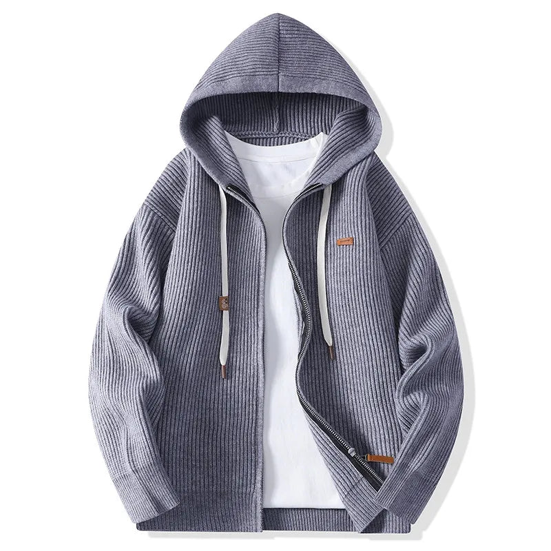 Men's Full Zip Hooded Ribbed Knit Cardigan