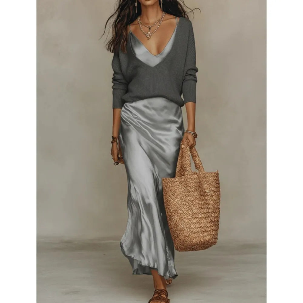 Haven Beck Valencia Satin Skirt and Knit Top Set Women's