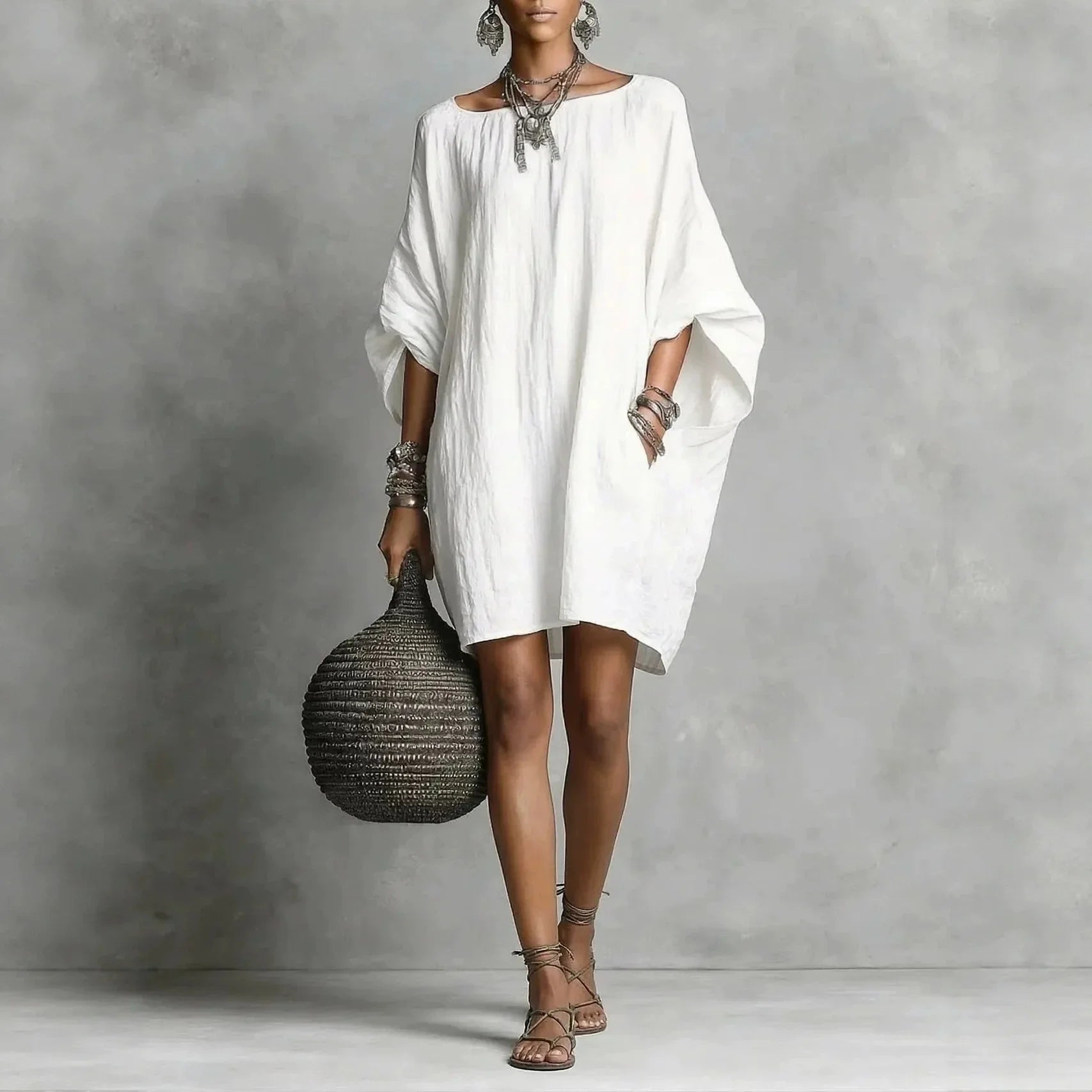 Haven Beck Lindsey Effortless Tunic Dress Shoulder-Bared Long Sleeve