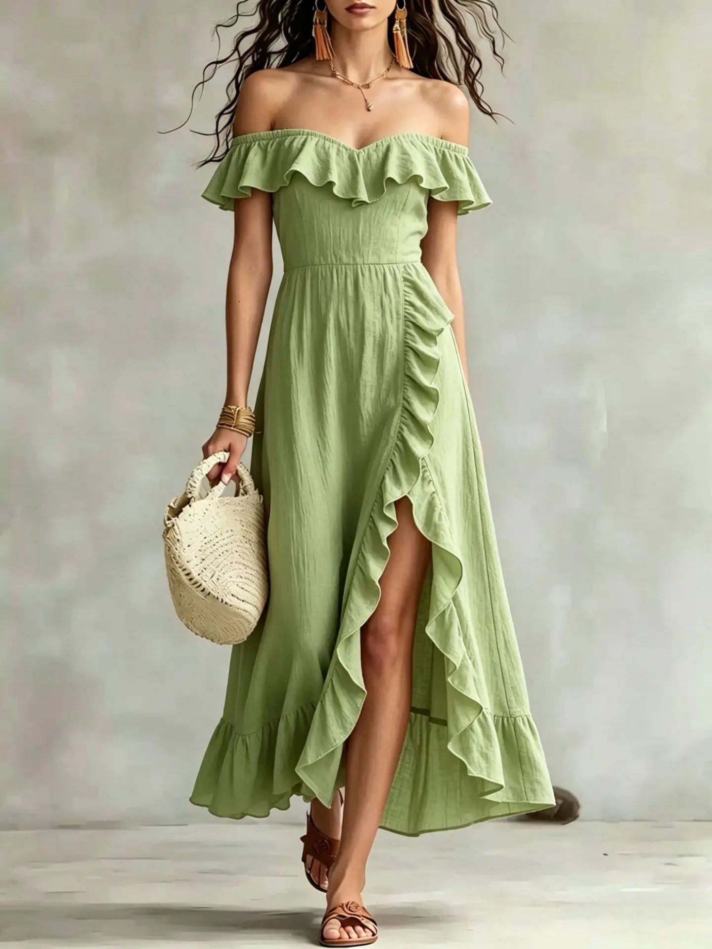 Haven Beck Arabella One Shoulder Ruffle Maxi Dress Split Hem