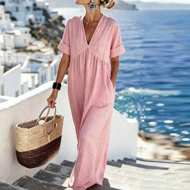 Haven Beck Alisssa V-Neck Bohemian Maxi Dress with Pockets