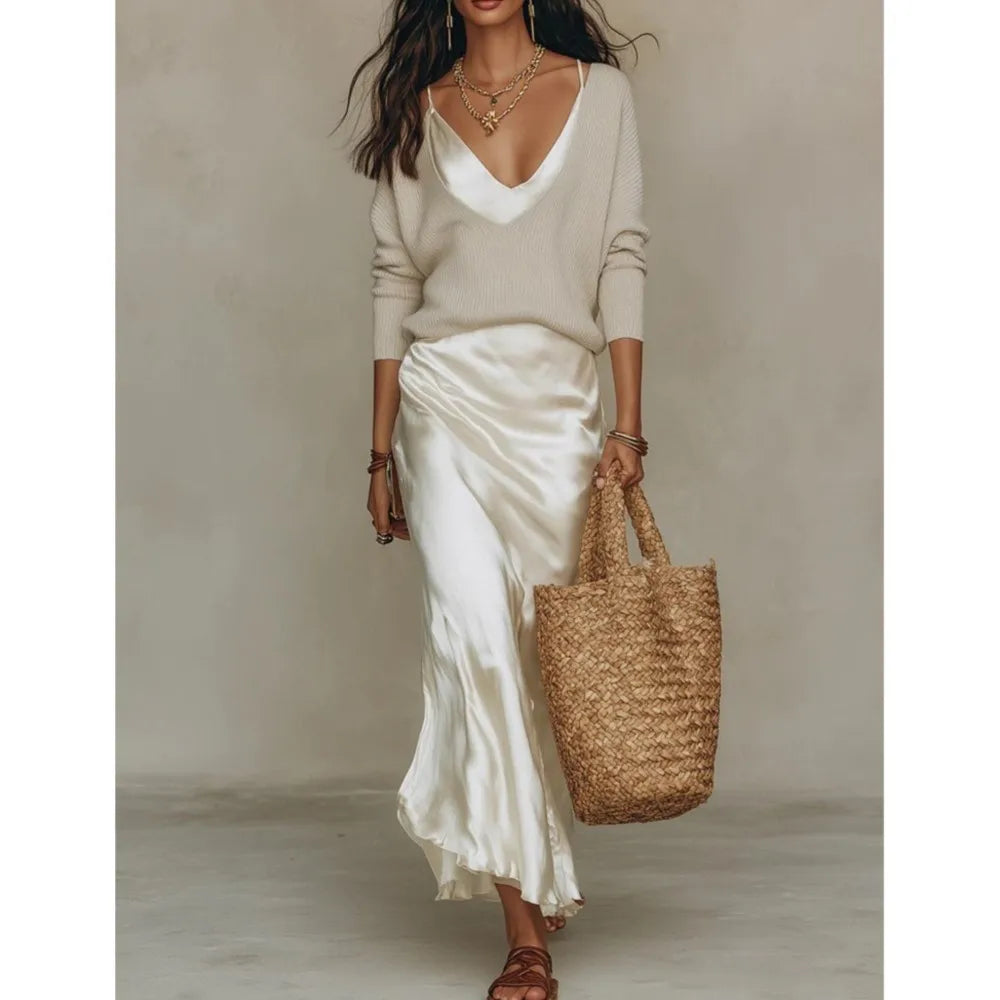 Haven Beck Valencia Satin Skirt and Knit Top Set Women's