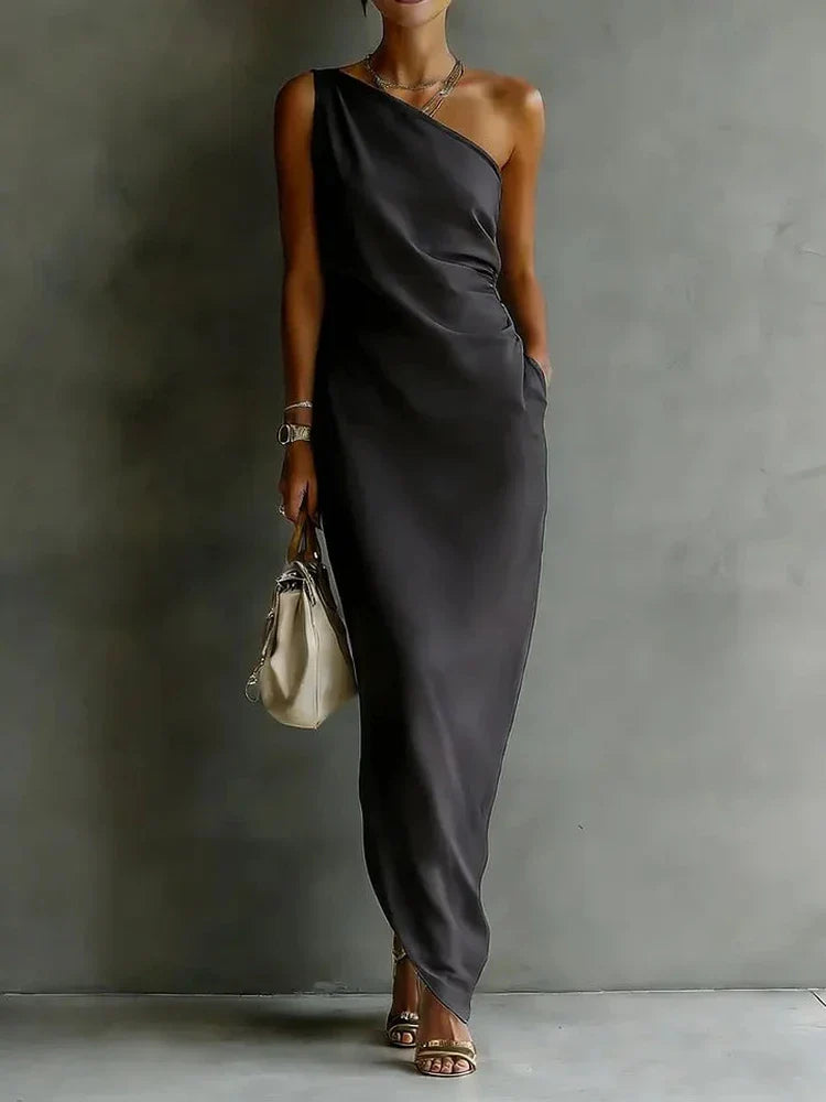 Haven Beck Cheyenne One Shoulder Satin Maxi Dress